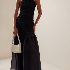 Staud Liya Ruched Jersey-Organza Maxi Elegant Black Evening Dress